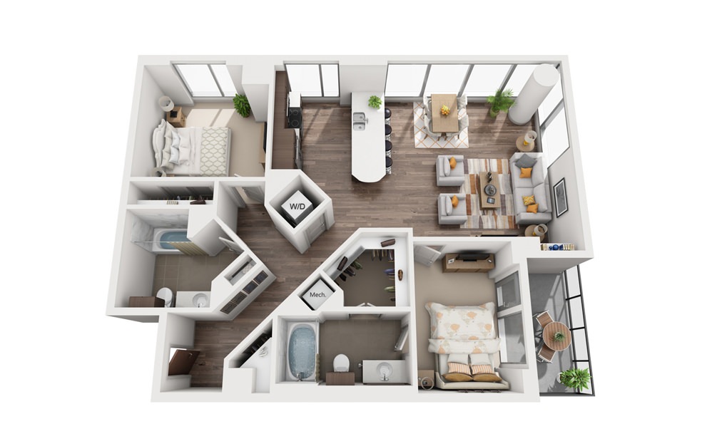2B - 2 bedroom floorplan layout with 2 baths and 1042 to 1148 square feet.