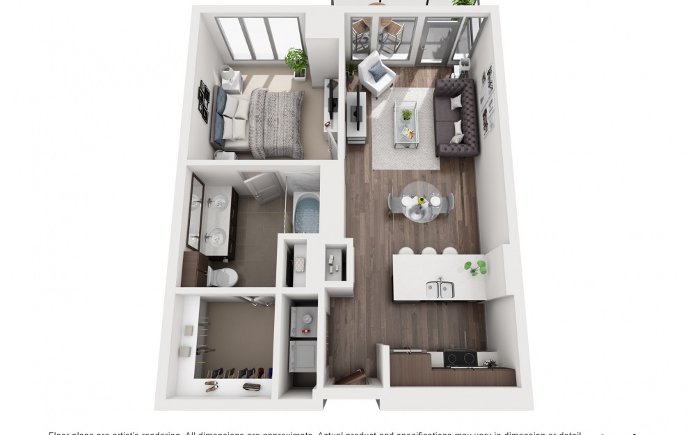 1E - 1 bedroom floorplan layout with 1 bath and 652 to 730 square feet.