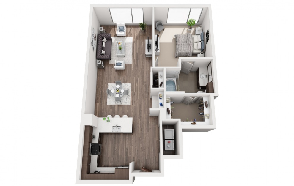 1J - 1 bedroom floorplan layout with 1 bath and 829 square feet.