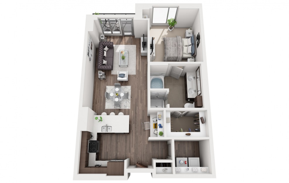 1P - 1 bedroom floorplan layout with 1 bath and 895 to 956 square feet.