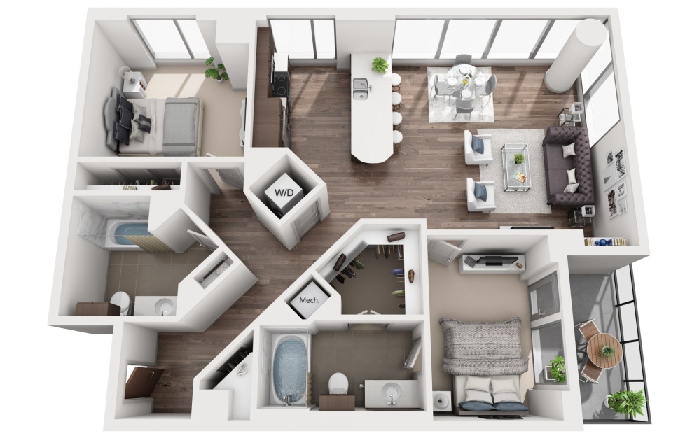 2B - 2 bedroom floorplan layout with 2 bathrooms and 1042 - 1148 square feet