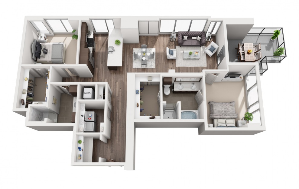 2F - 2 bedroom floorplan layout with 2 baths and 1439 square feet.