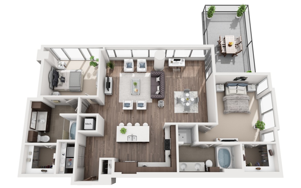 2G - 2 bedroom floorplan layout with 2 bathrooms and 1465 square feet