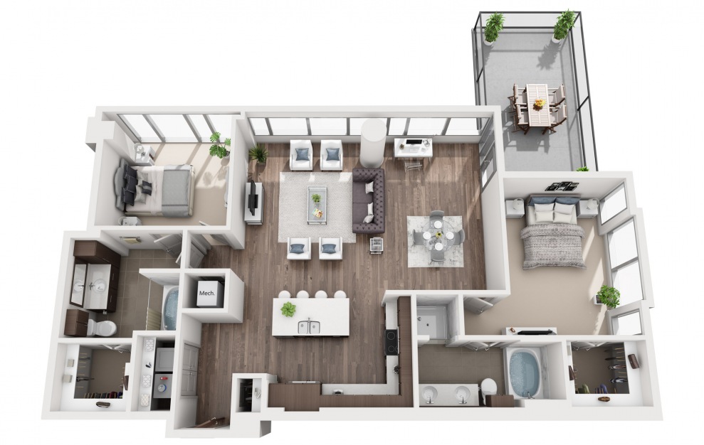 2G - 2 bedroom floorplan layout with 2 baths and 1465 square feet.