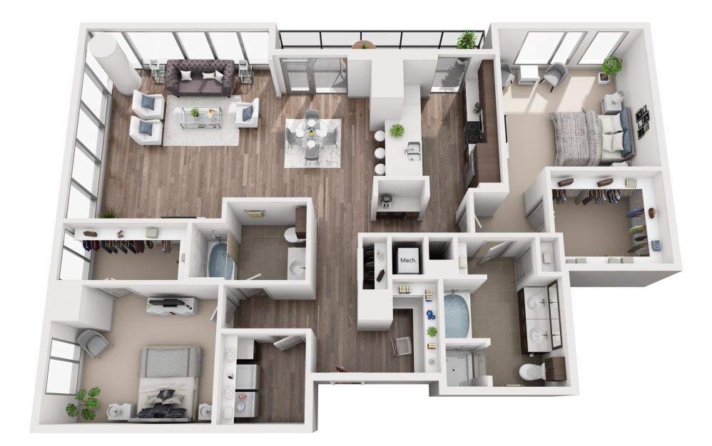 2K - 2 bedroom floorplan layout with 2 bathrooms and 1802 square feet