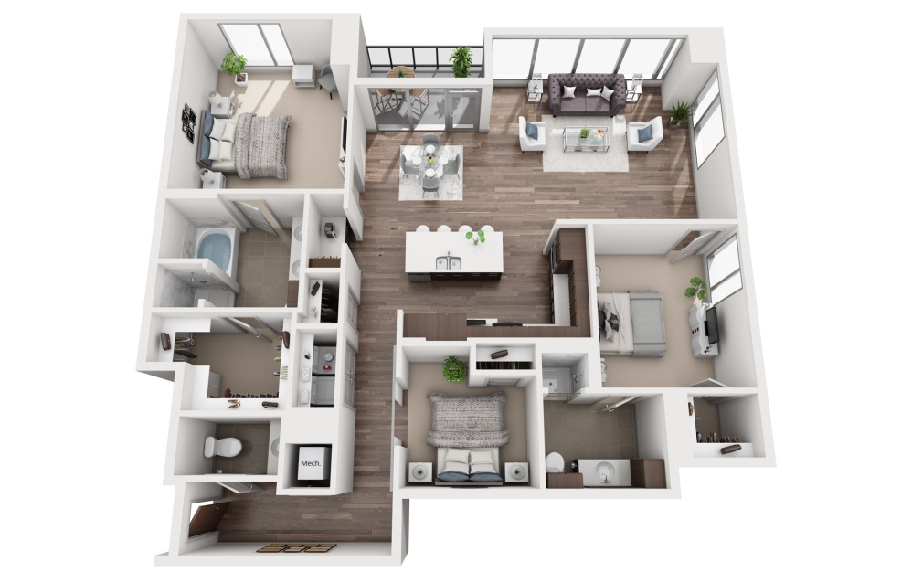 3A - 3 bedroom floorplan layout with 2.5 bathrooms and 1750 square feet