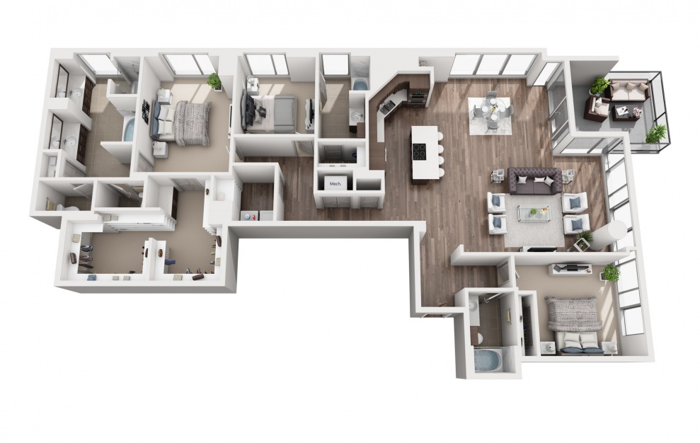 3C - 3 bedroom floorplan layout with 3 baths and 2517 square feet.
