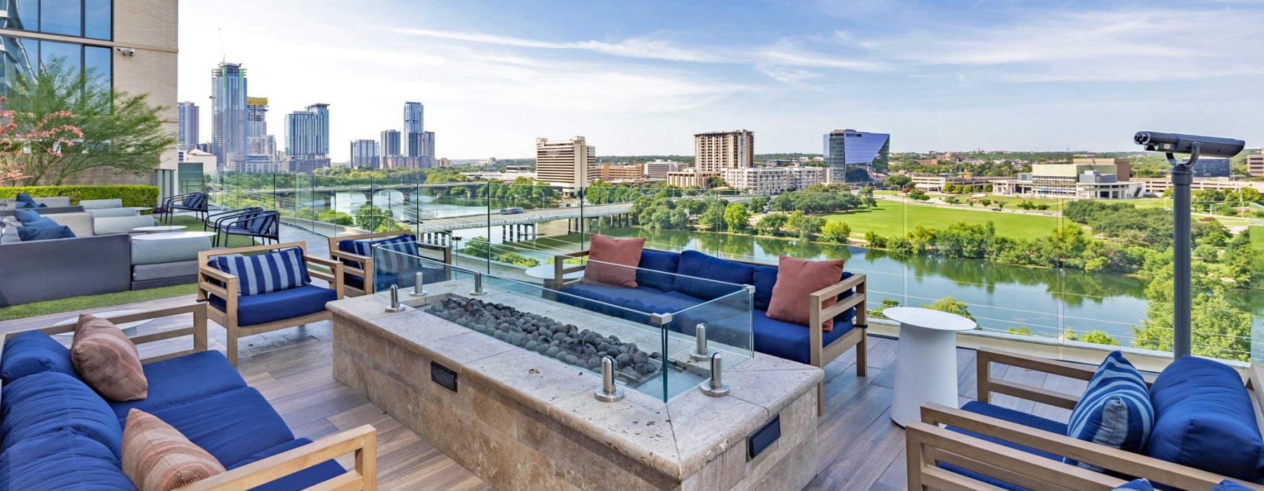 Sofa and chairs overlooking Lady Bird Lake at Northshore 